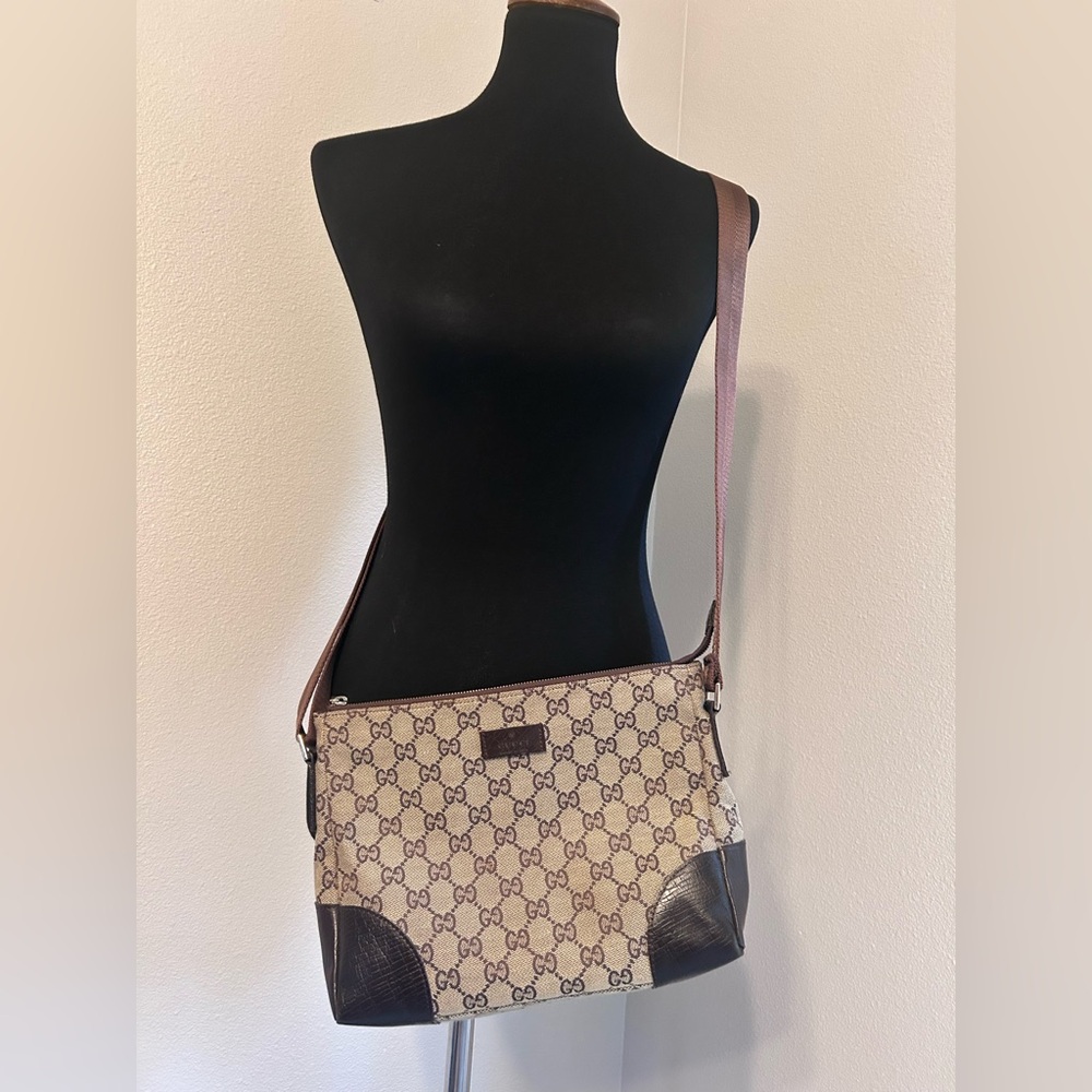 Brown Canvas Crossbody Bag with Brown Leather Trim